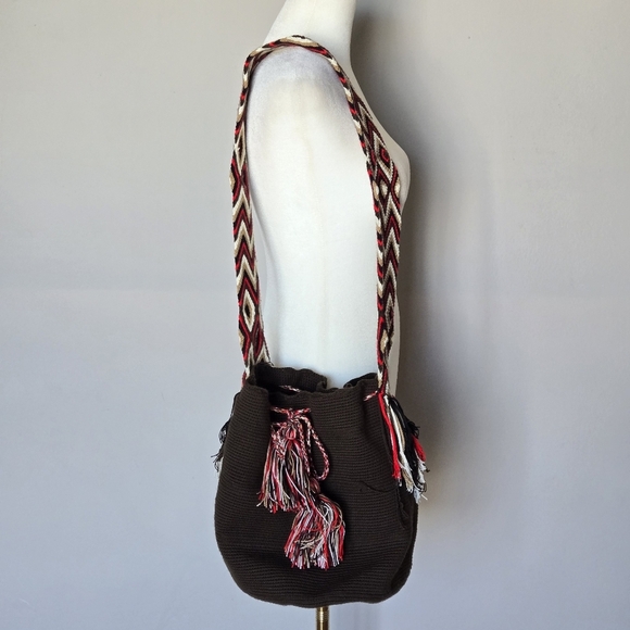 Wayuu Tribe Rio Wayuu Bag Brown Boho Bucket Tassel Crochet - Picture 4 of 10